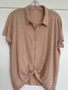 Eileen Fisher Organic Linen Short Sleeve Button-Front Shirt Sandstone Pink Sz M
